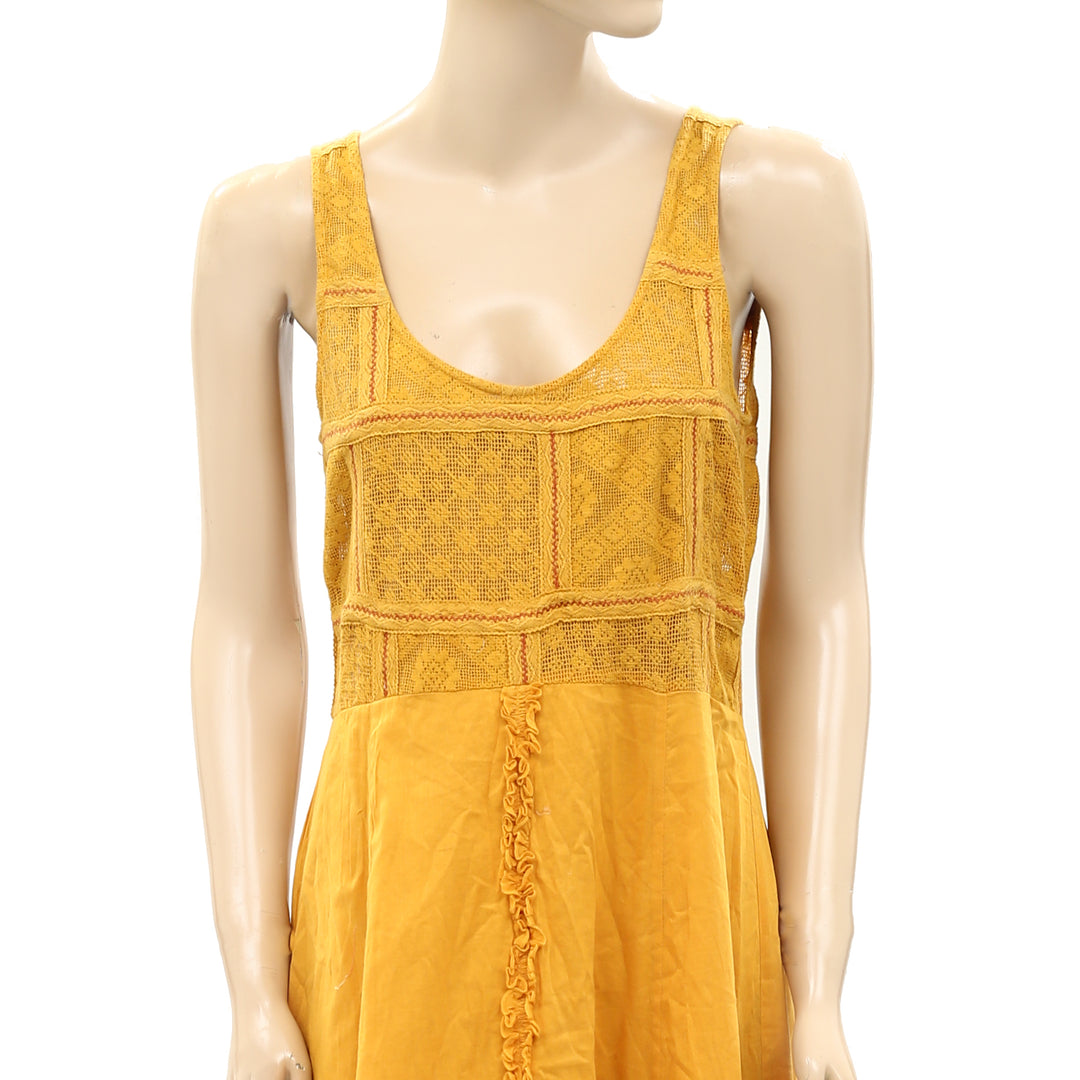 anthropologie gold lace dress NWT Anthropologie Lace Mini Dress S Gold $170 Sleeveless Shift Back Buttons