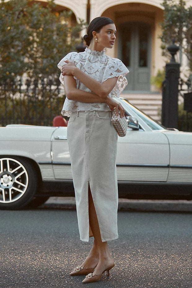 By Anthropologie The Lainie High-Neck Linen Cutwork Blouse Top