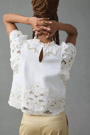 By Anthropologie The Lainie High-Neck Linen Cutwork Blouse Top