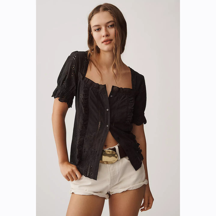 By Anthropologie Puff-Sleeve Eyelet Blouse Top