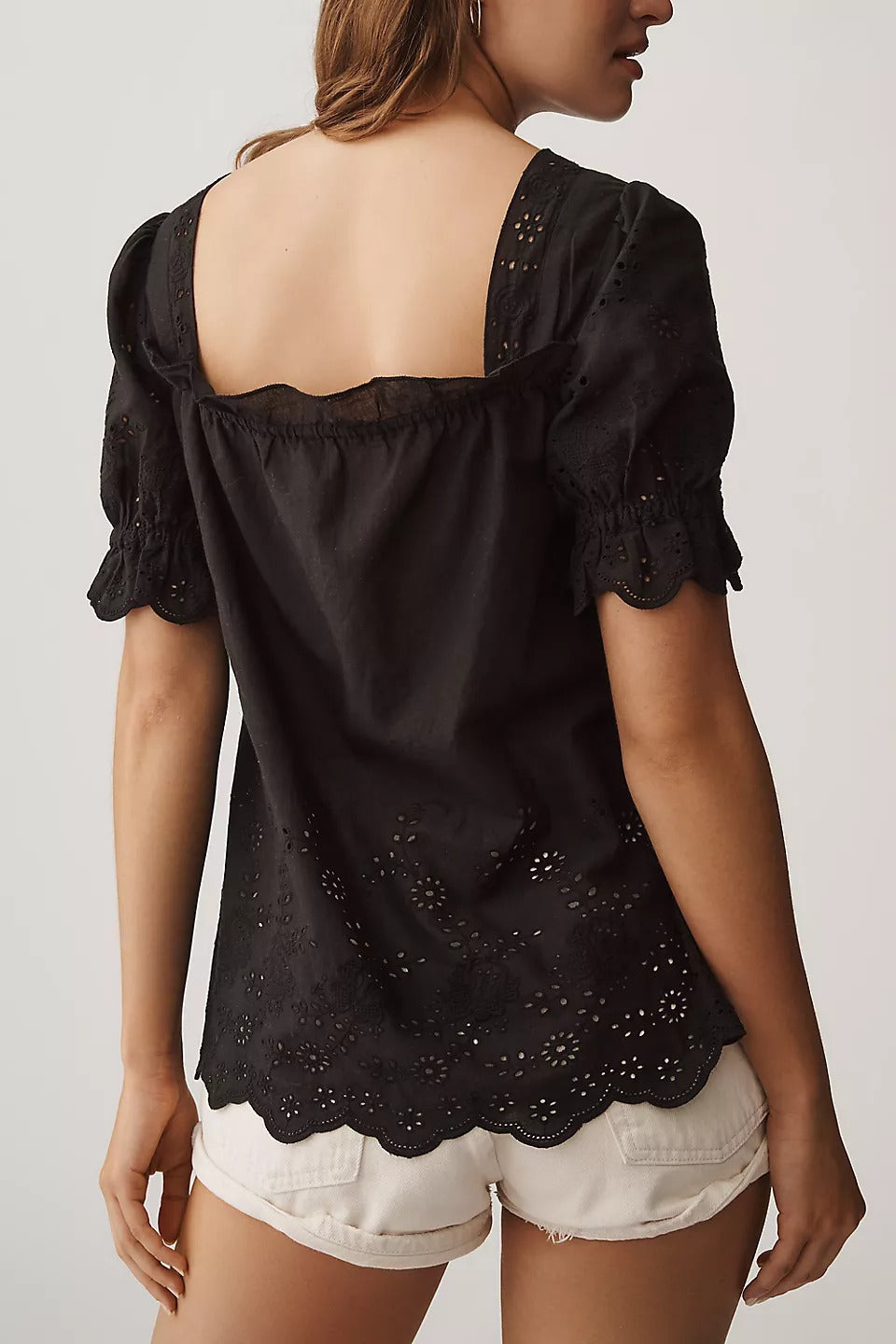 By Anthropologie Puff-Sleeve Eyelet Blouse Top