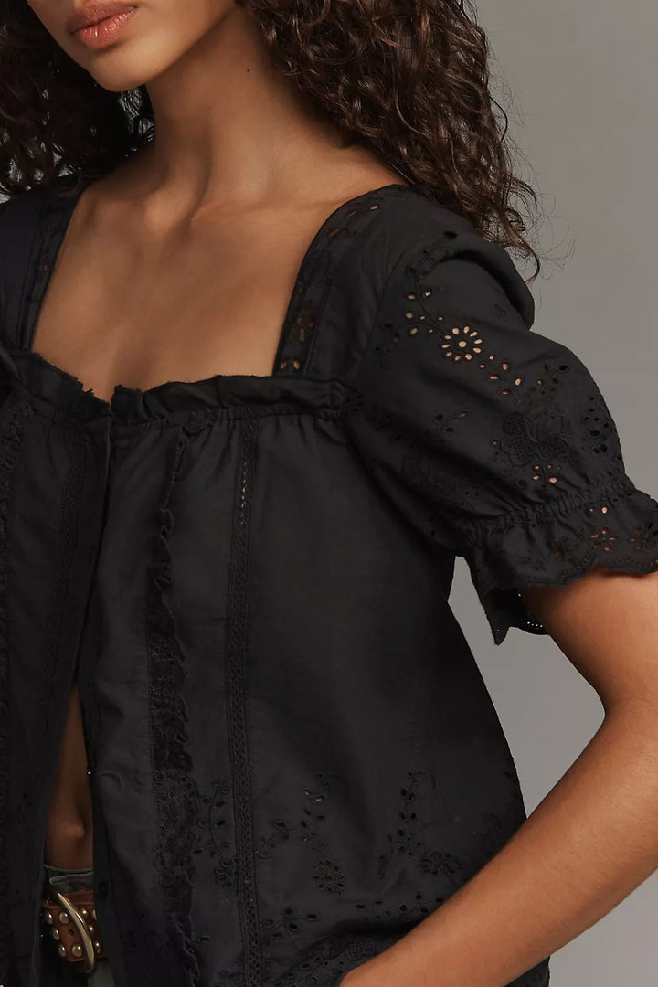 By Anthropologie Puff-Sleeve Eyelet Blouse Top
