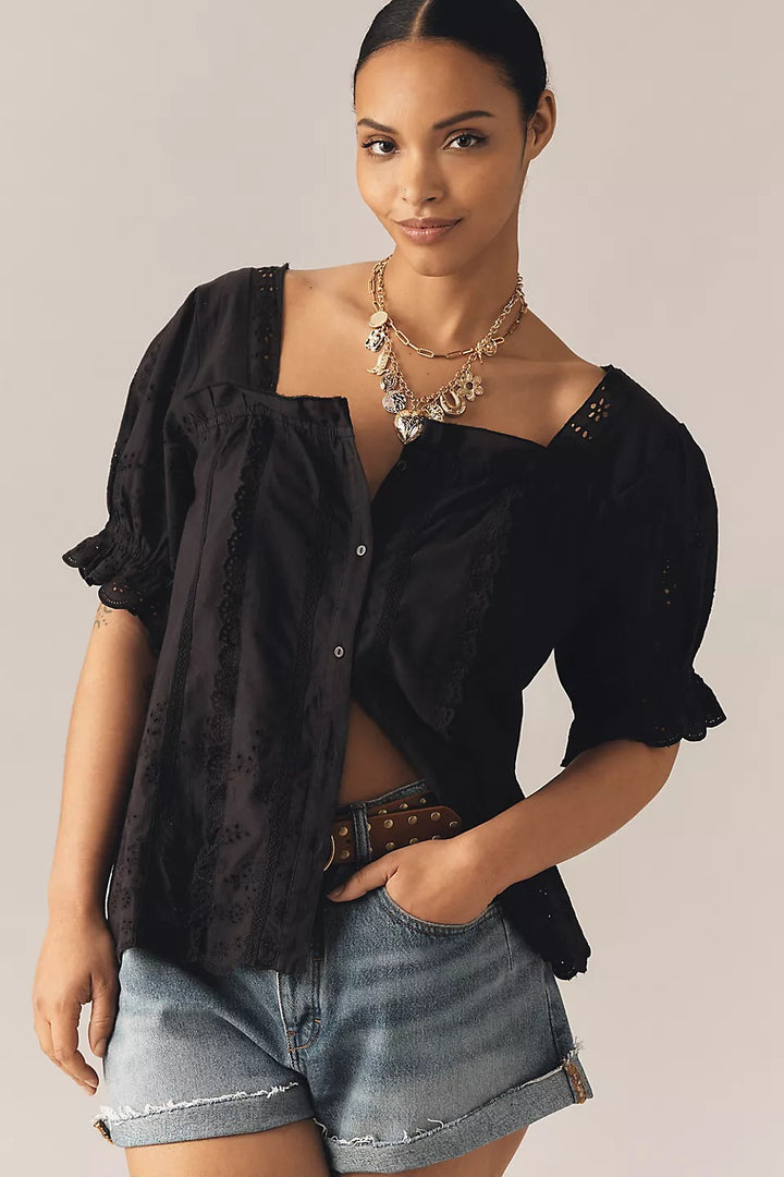 By Anthropologie Puff-Sleeve Eyelet Blouse Top