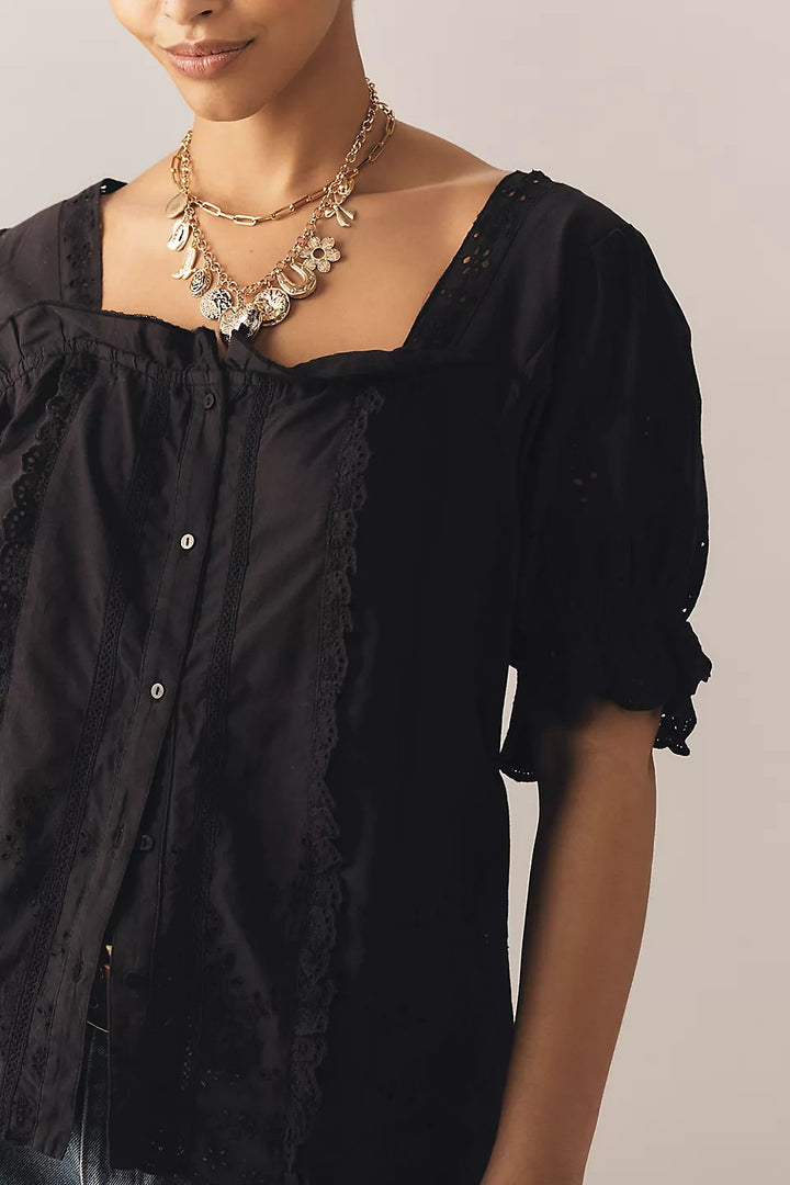 By Anthropologie Puff-Sleeve Eyelet Blouse Top