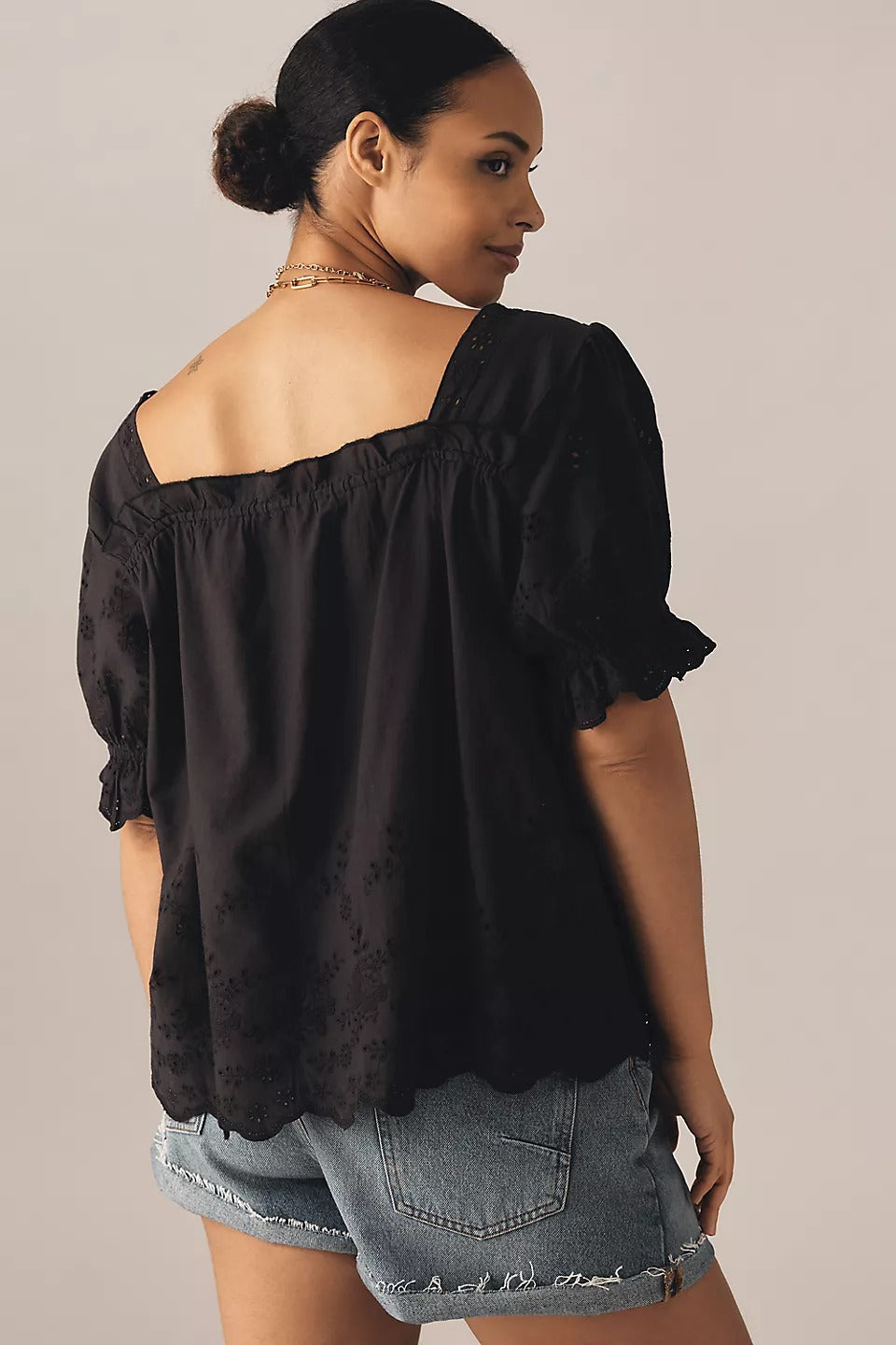 By Anthropologie Puff-Sleeve Eyelet Blouse Top