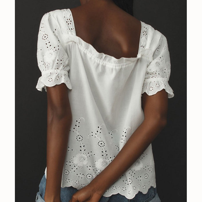 By Anthropologie Puff-Sleeve Eyelet Blouse Top