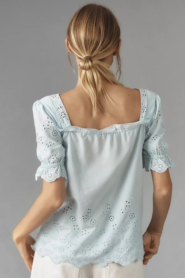 By Anthropologie Puff-Sleeve Eyelet Blouse Top
