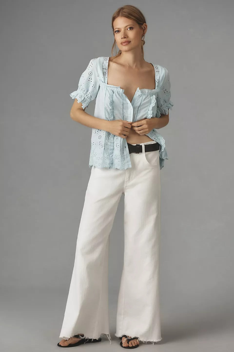 By Anthropologie Puff-Sleeve Eyelet Blouse Top