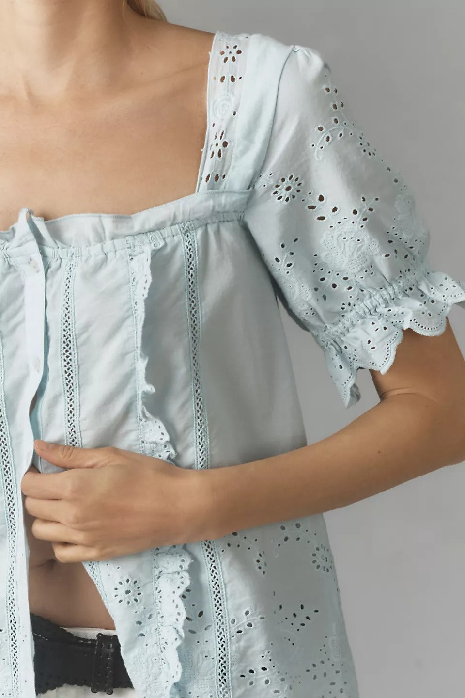 By Anthropologie Puff-Sleeve Eyelet Blouse Top