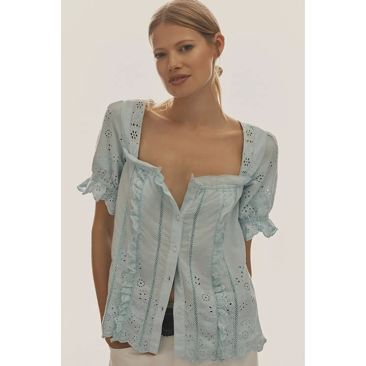 By Anthropologie Puff-Sleeve Eyelet Blouse Top