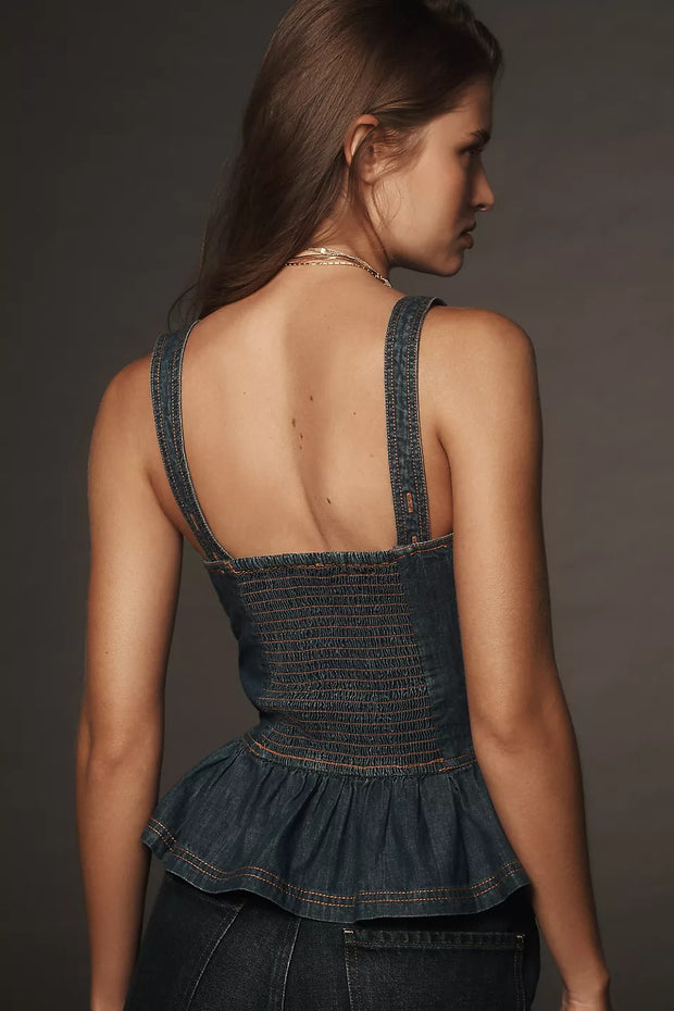 Anthropologie Pilcro Embroidered Peplum Corset Denim Tank Top