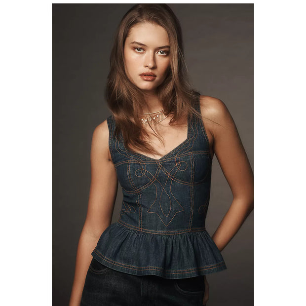 Anthropologie Pilcro Embroidered Peplum Corset Denim Tank Top