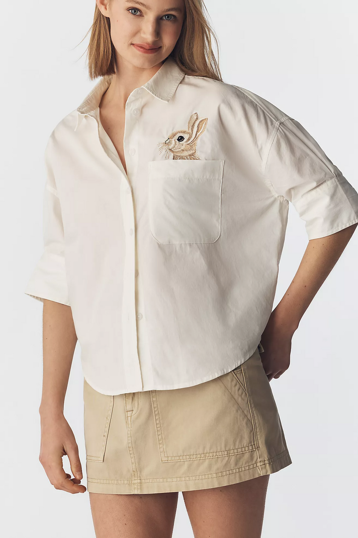 Anthropologie Maeve Mabel Boxy Oxford Embroidered Shirt