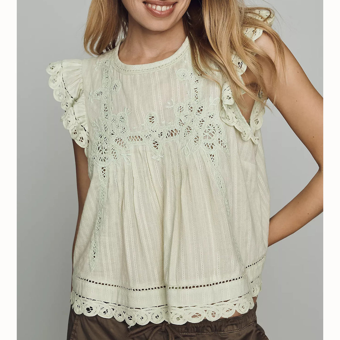 By Anthropologie Crochet Lace Flutter Blouse Top