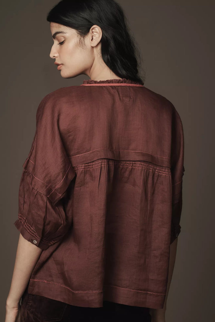 Anthropologie Maeve Balloon-Sleeve V-Neck Stitched Blouse Top