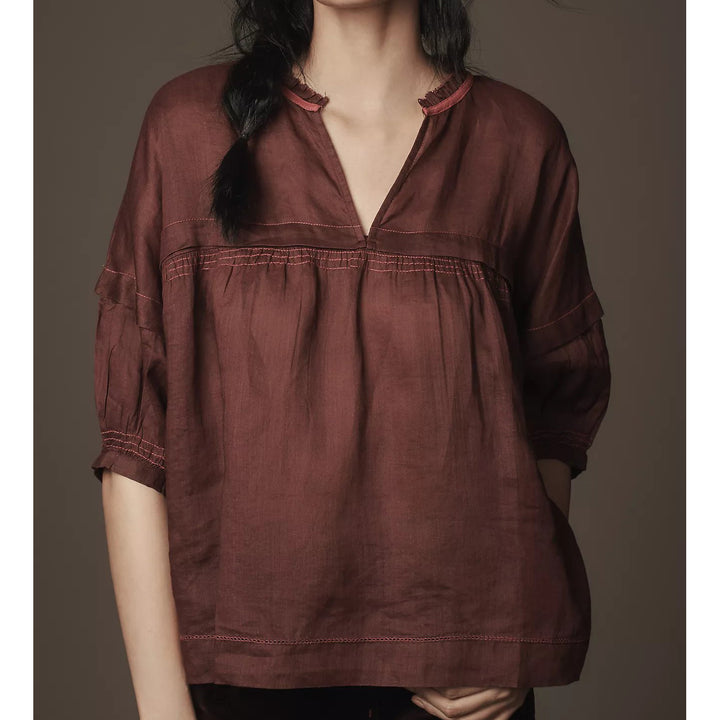 Anthropologie Maeve Balloon-Sleeve V-Neck Stitched Blouse Top