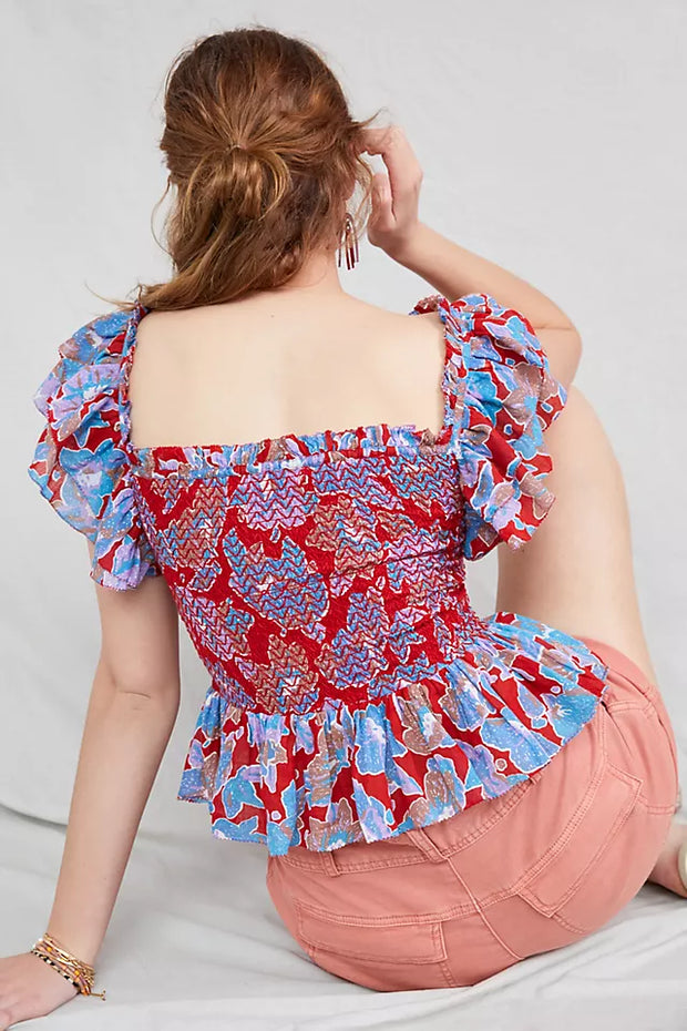 Love The Label Anthropologie Smocked Ruffle Cropped Top
