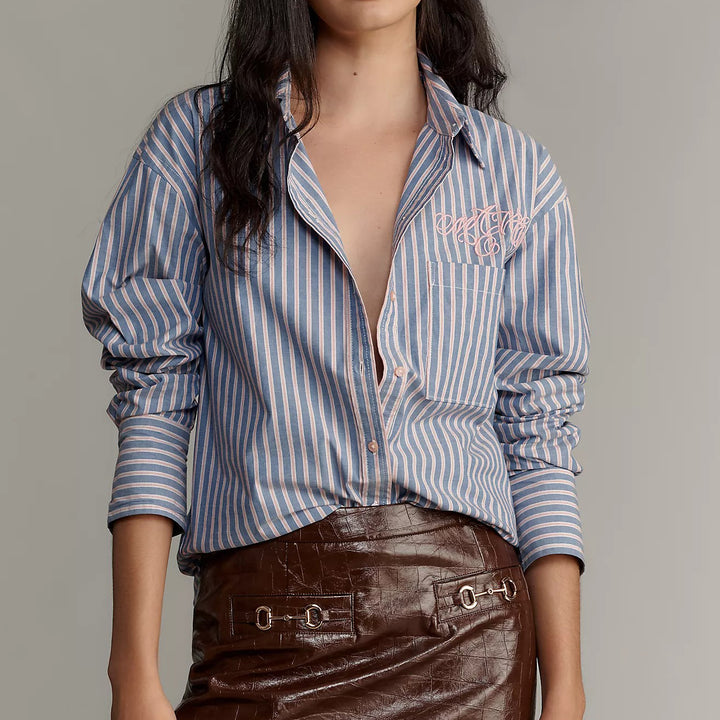 Maeve Anthropologie Embroidered Long-Sleeve Striped Buttondown Shirt