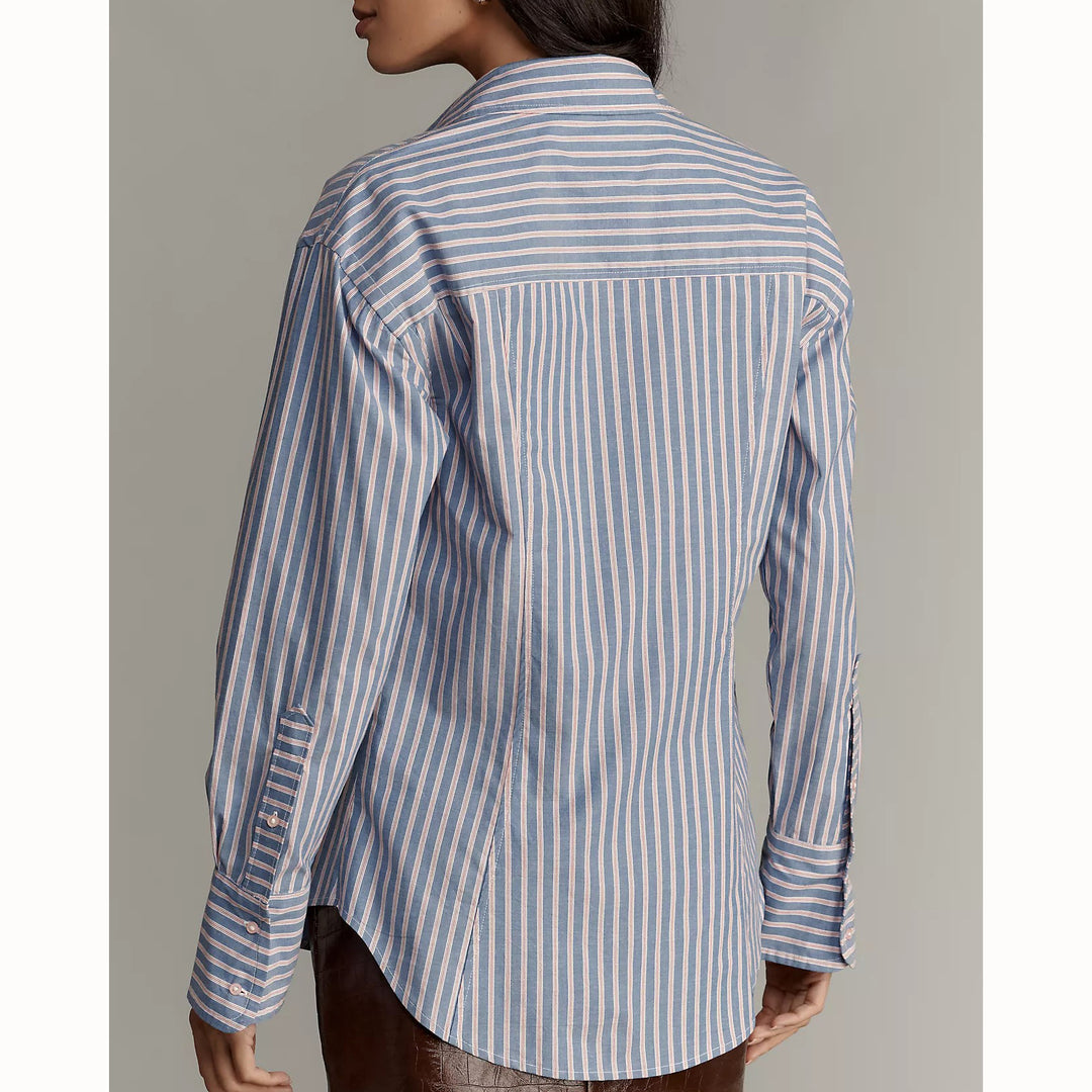 Maeve Anthropologie Embroidered Long-Sleeve Striped Buttondown Shirt