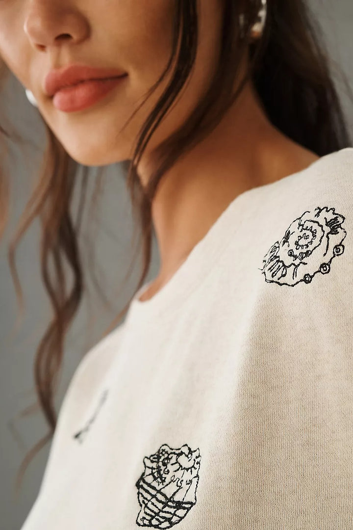 Anthropologie Maeve Embroidered Shell Short-Sleeve Sweatshirt Top