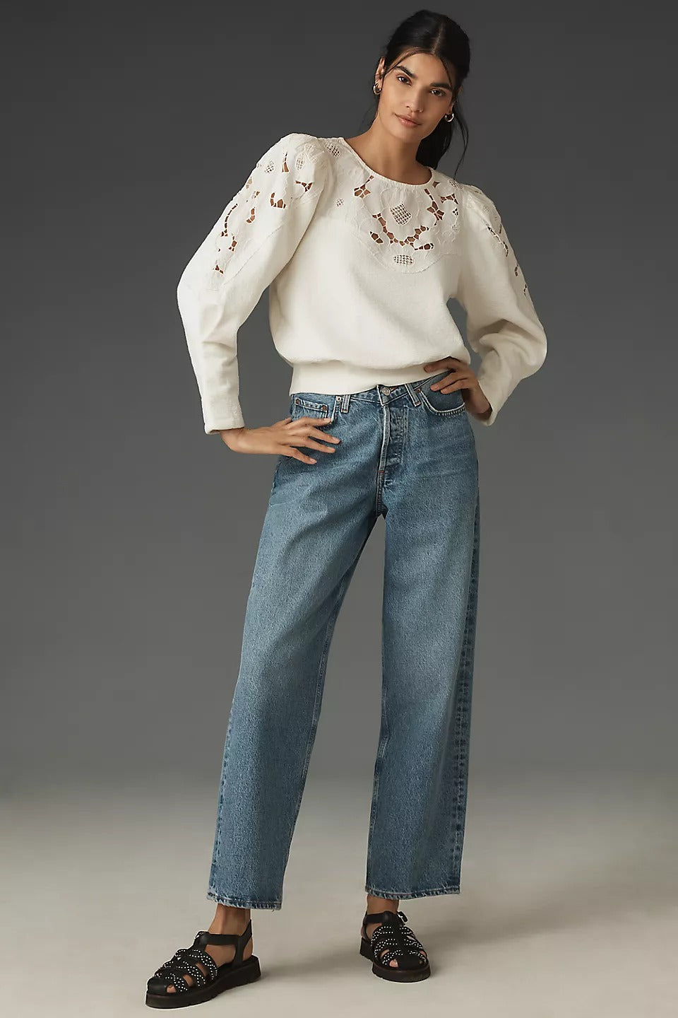 By Anthropologie Lace Cutwork Mutton-Sleeve Blouse Top