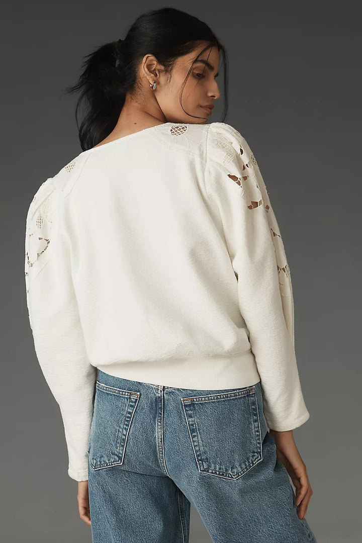 By Anthropologie Lace Cutwork Mutton-Sleeve Blouse Top