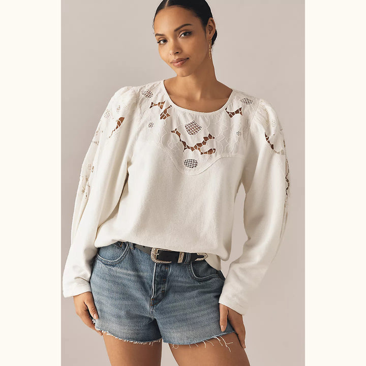 By Anthropologie Lace Cutwork Mutton-Sleeve Blouse Top