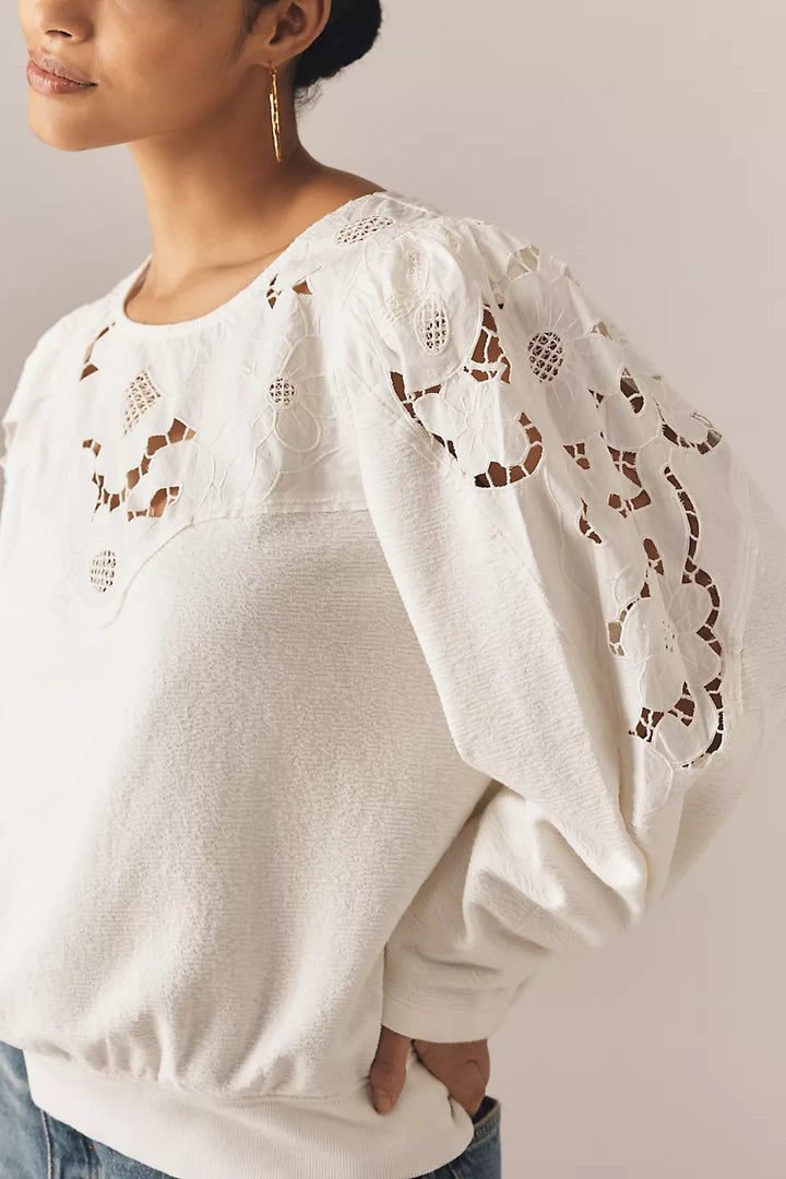 By Anthropologie Lace Cutwork Mutton-Sleeve Blouse Top