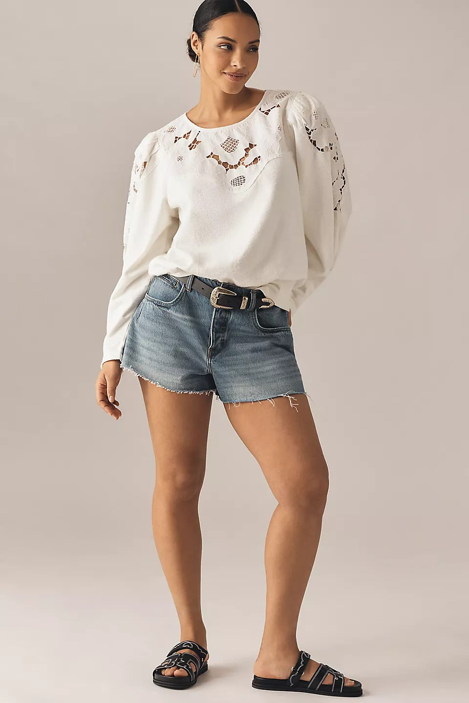 By Anthropologie Lace Cutwork Mutton-Sleeve Blouse Top