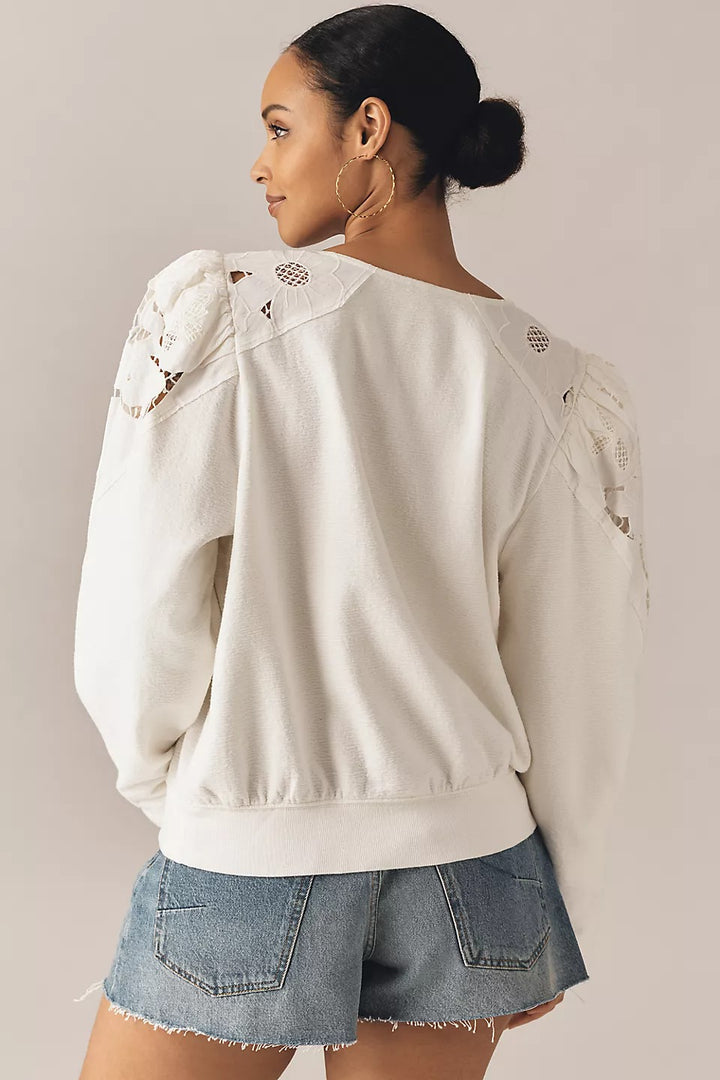 By Anthropologie Lace Cutwork Mutton-Sleeve Blouse Top