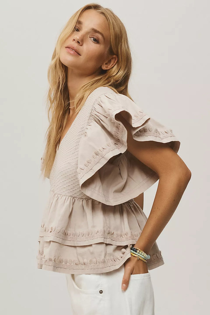 By Anthropologie Ruffle-Sleeve Tiered V-Neck Blouse Top