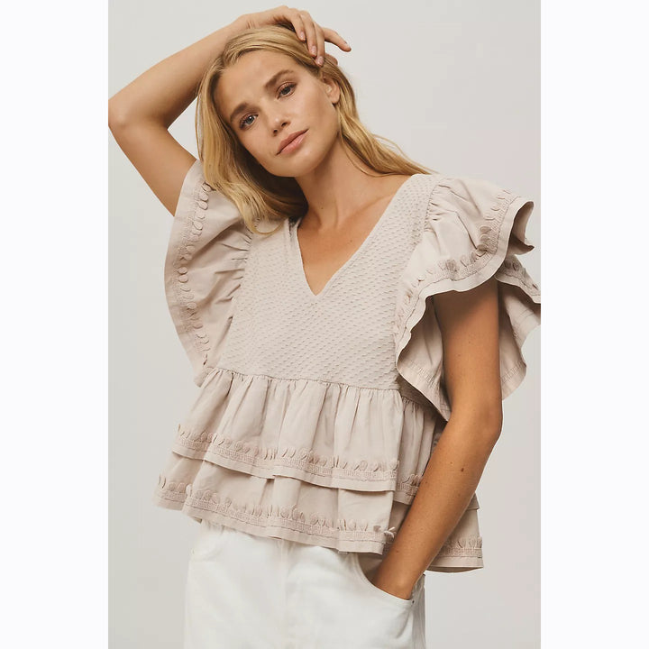 By Anthropologie Ruffle-Sleeve Tiered V-Neck Blouse Top