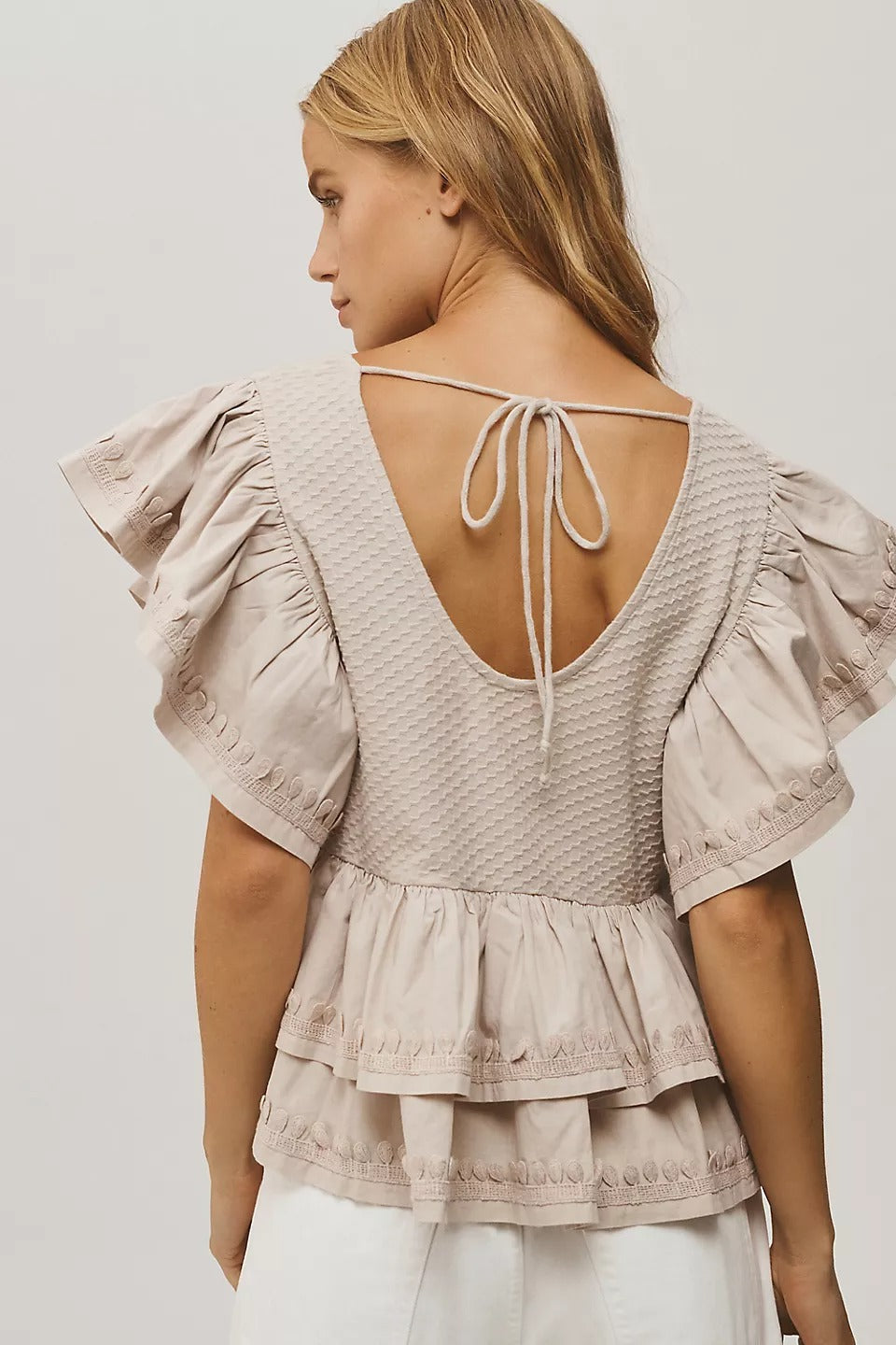 By Anthropologie Ruffle-Sleeve Tiered V-Neck Blouse Top