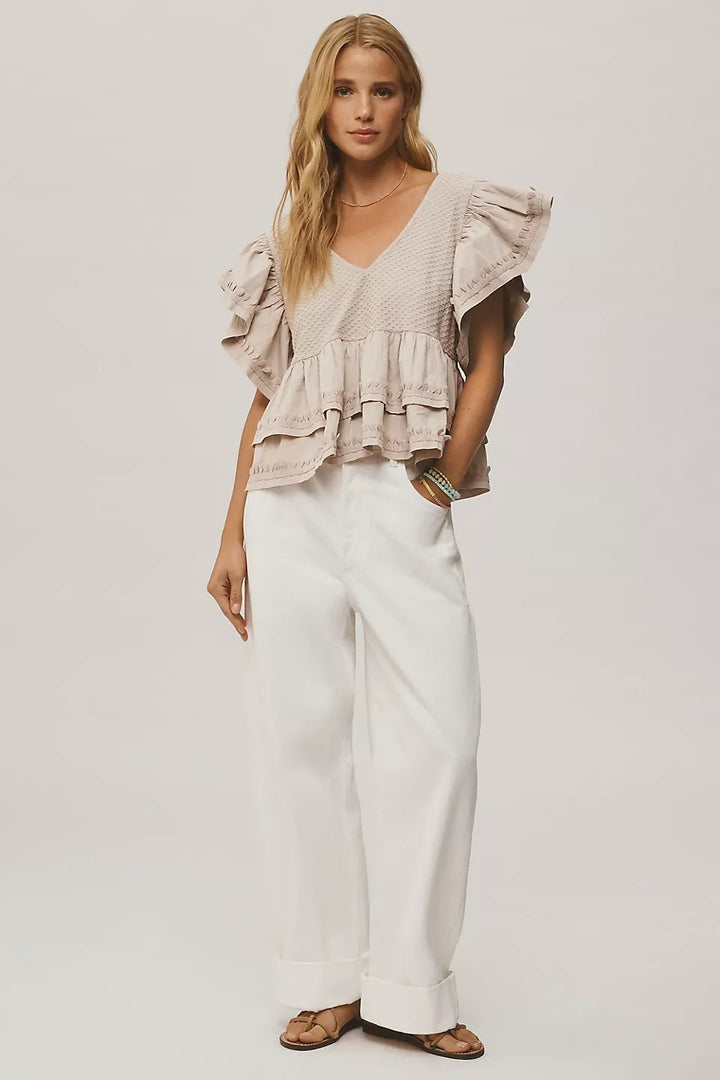 By Anthropologie Ruffle-Sleeve Tiered V-Neck Blouse Top