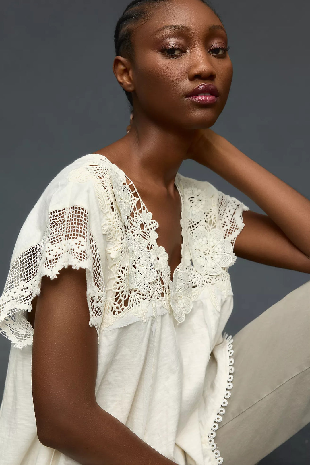 By Anthropologie V-Neck Short-Sleeve Lace Swing Blouse Top