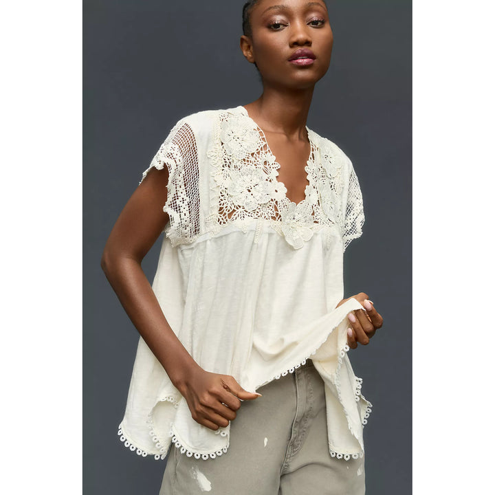 By Anthropologie V-Neck Short-Sleeve Lace Swing Blouse Top