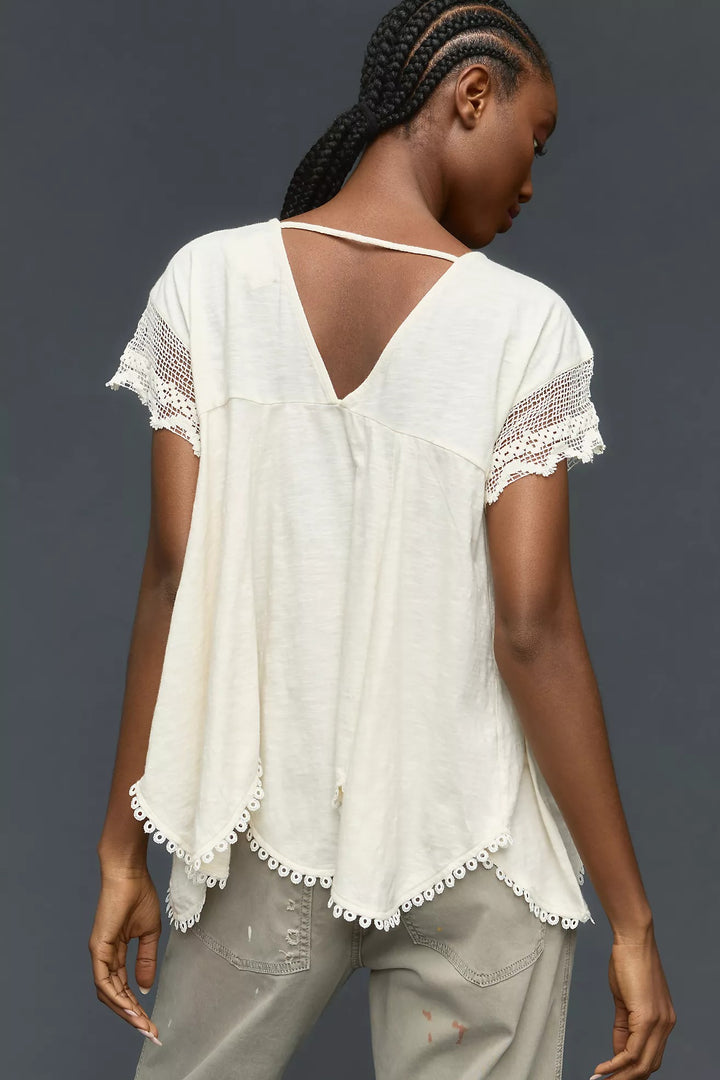 By Anthropologie V-Neck Short-Sleeve Lace Swing Blouse Top
