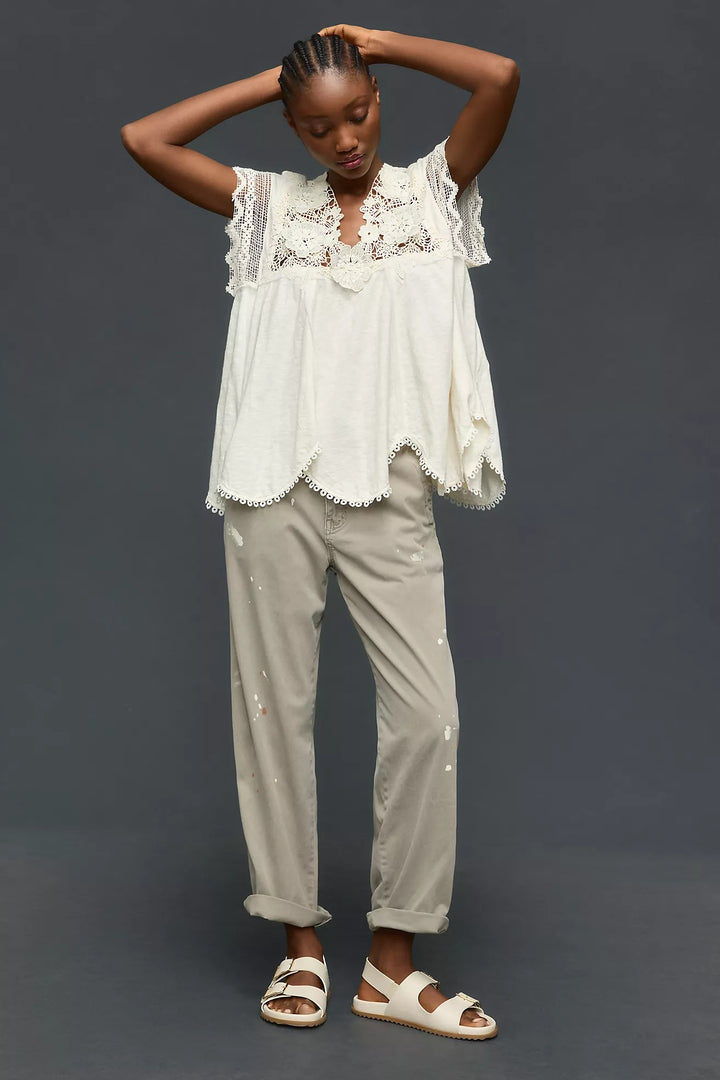 By Anthropologie V-Neck Short-Sleeve Lace Swing Blouse Top