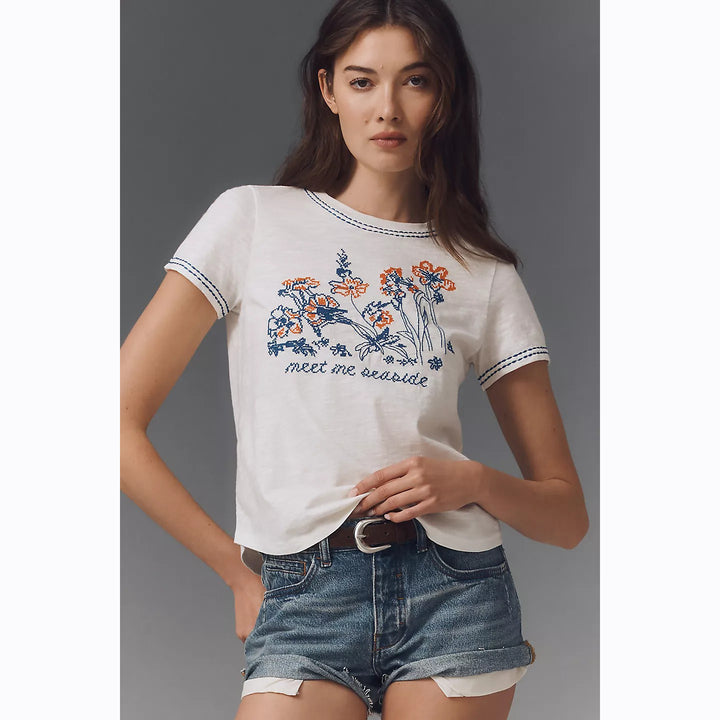 Pilcro Anthropologie The Bennie Slim Crew Neck Cotton-Slub Tee Top