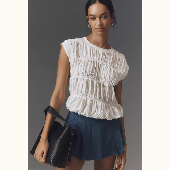 Maeve Anthropologie Tiered Smocked Bubble Tee Blouse Top