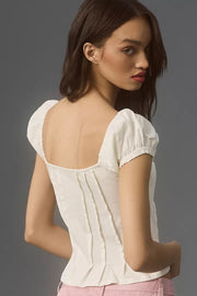 By Anthropologie Puffed Cap-Sleeve Corset Cropped Blouse Top