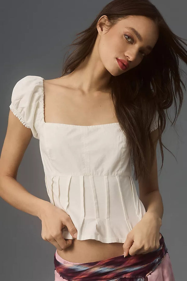 By Anthropologie Puffed Cap-Sleeve Corset Cropped Blouse Top