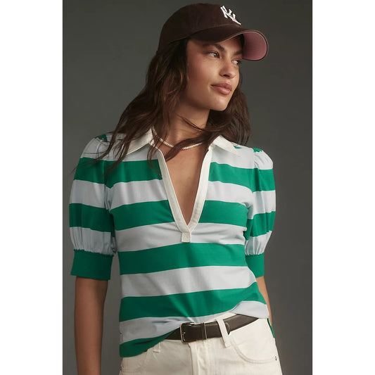 Maeve Anthropologie Puff-Sleev Polo Blouse Top