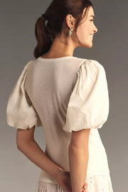 By Anthropologie Puff-Sleeve V-Neck Blouse Top