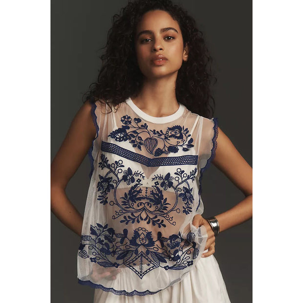 By Anthropologie Embroidered Ruffle Sheer Sleeveless Blouse Top