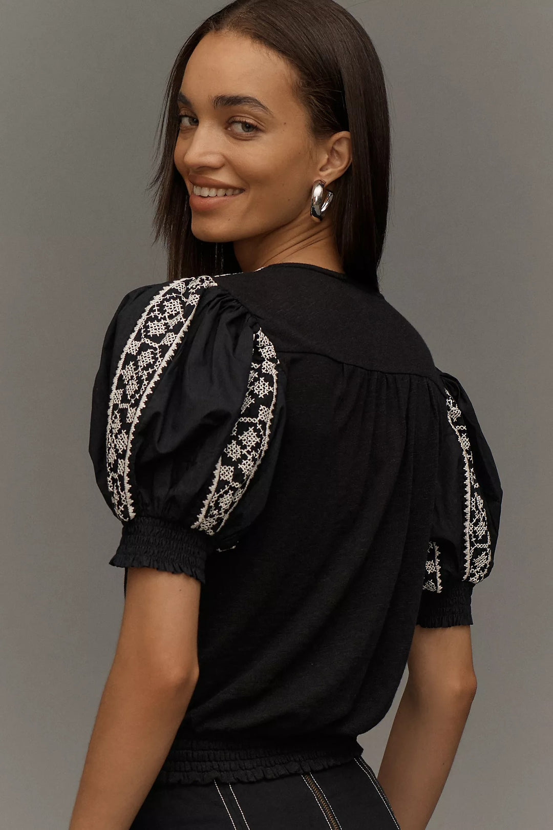 By Anthropologie Puff-Sleeve Embroidered Blouse Top