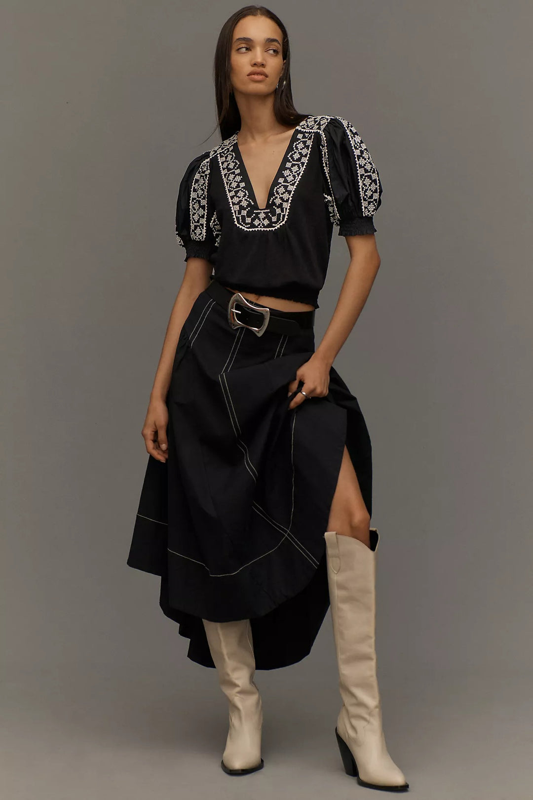 By Anthropologie Puff-Sleeve Embroidered Blouse Top