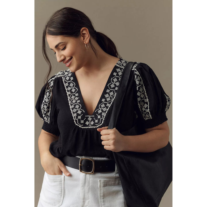 By Anthropologie Puff-Sleeve Embroidered Blouse Top