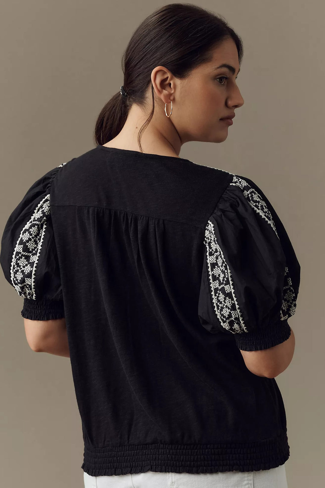 By Anthropologie Puff-Sleeve Embroidered Blouse Top