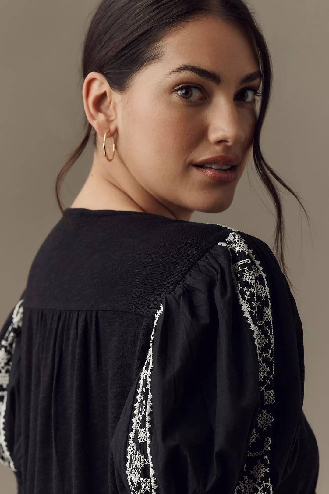 By Anthropologie Puff-Sleeve Embroidered Blouse Top